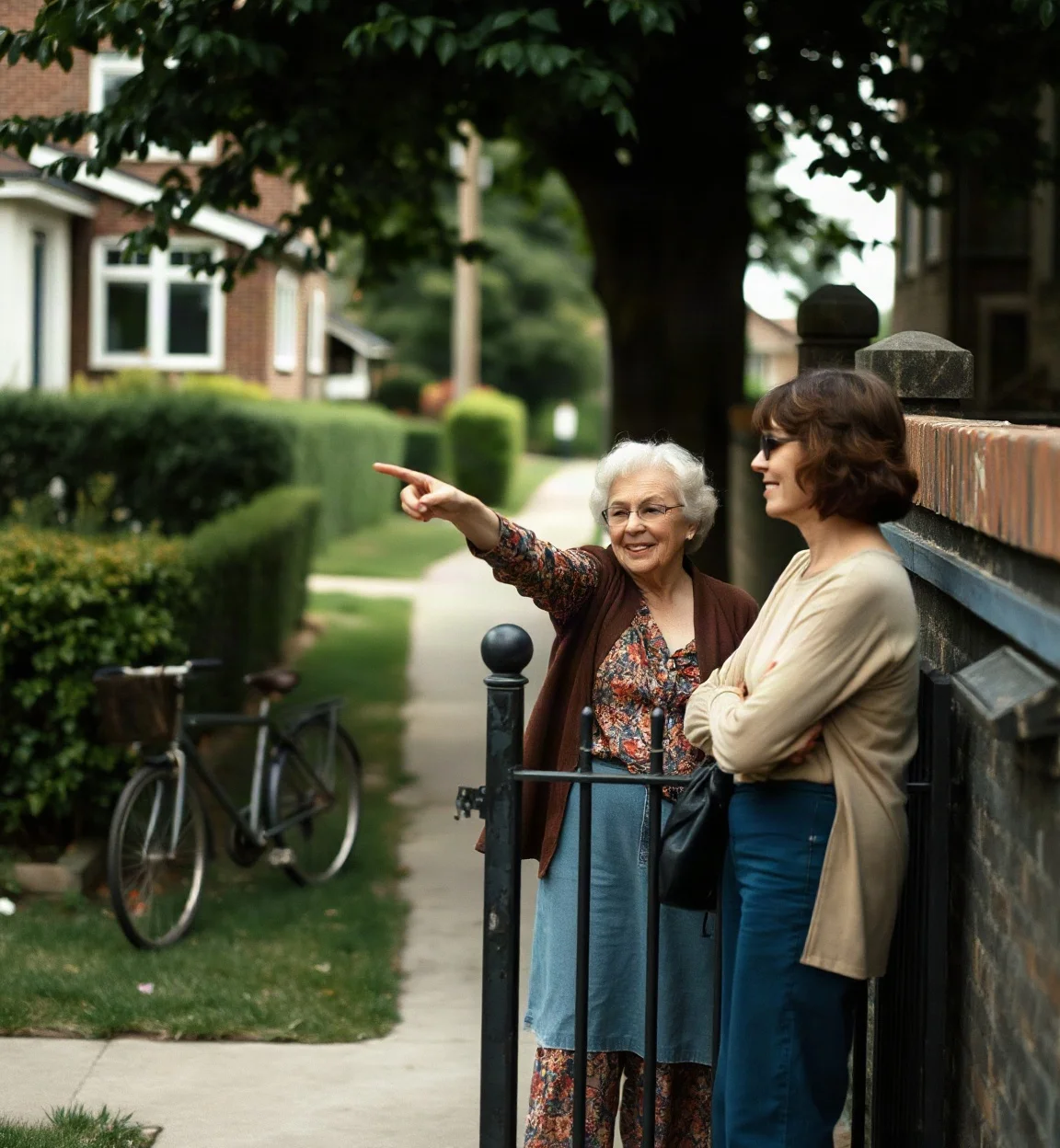 Two neighbors talking at the gate, one of them pointing the way to a place