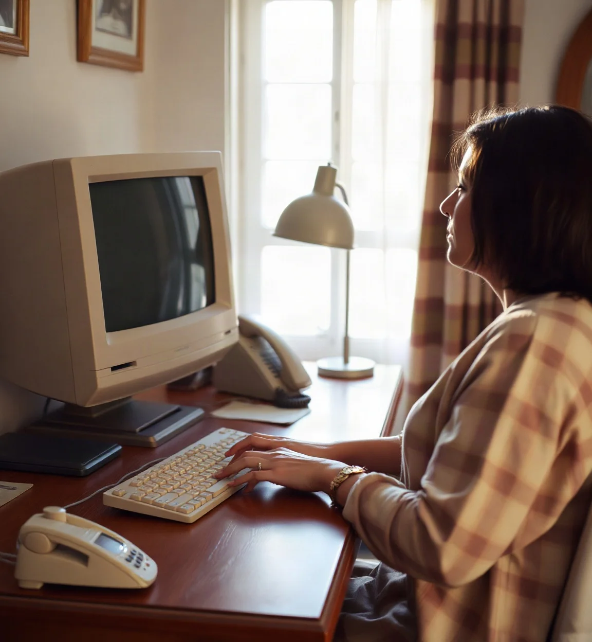 Woman typing on an old desktop computer at home