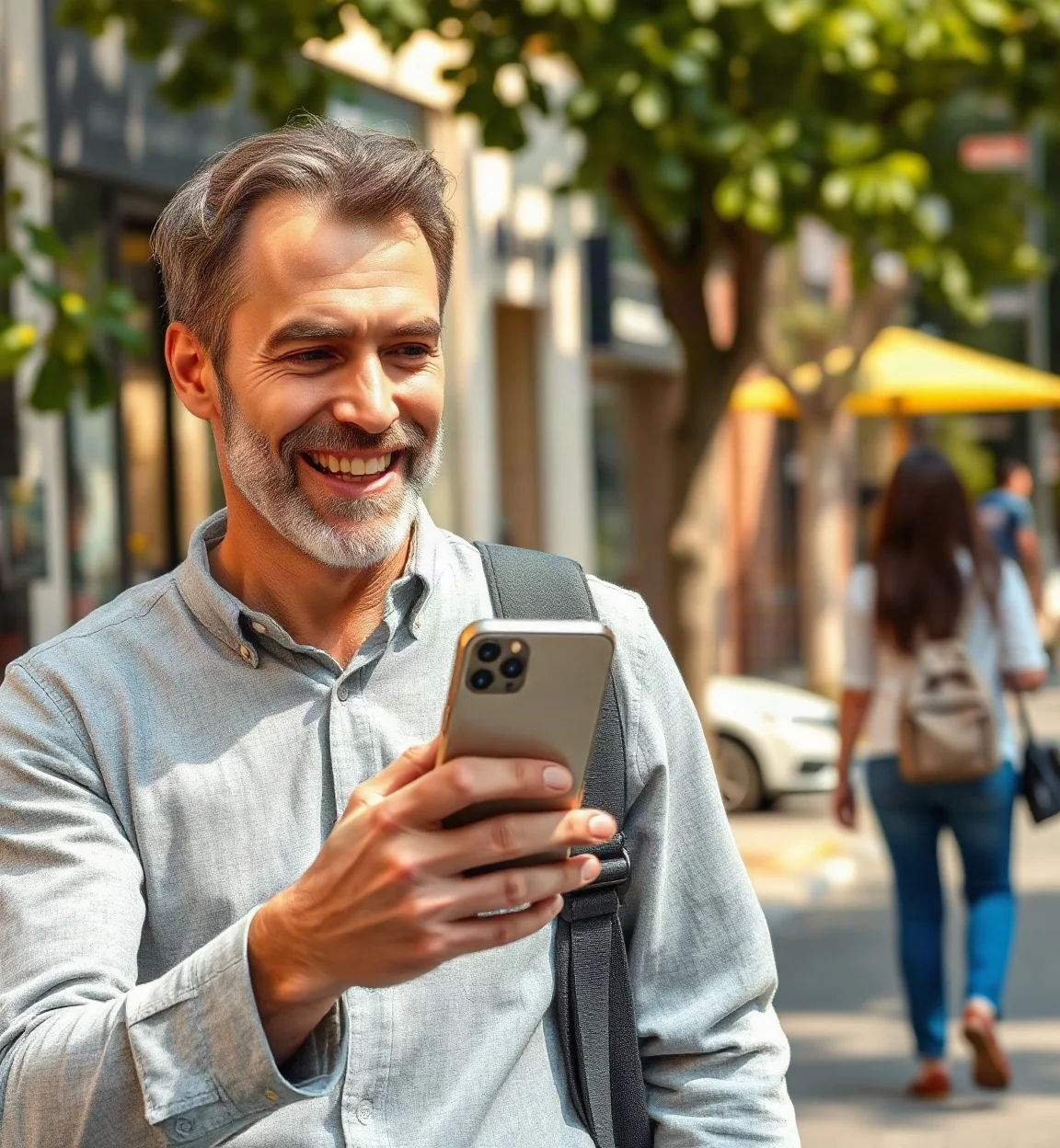 Man smiling on the street while asking his phone a question
