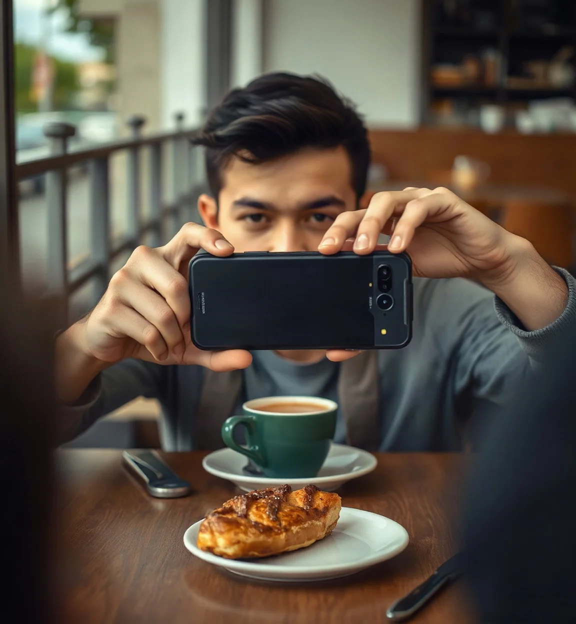 Young man photographing his coffee and pastry with a phone to post on social media