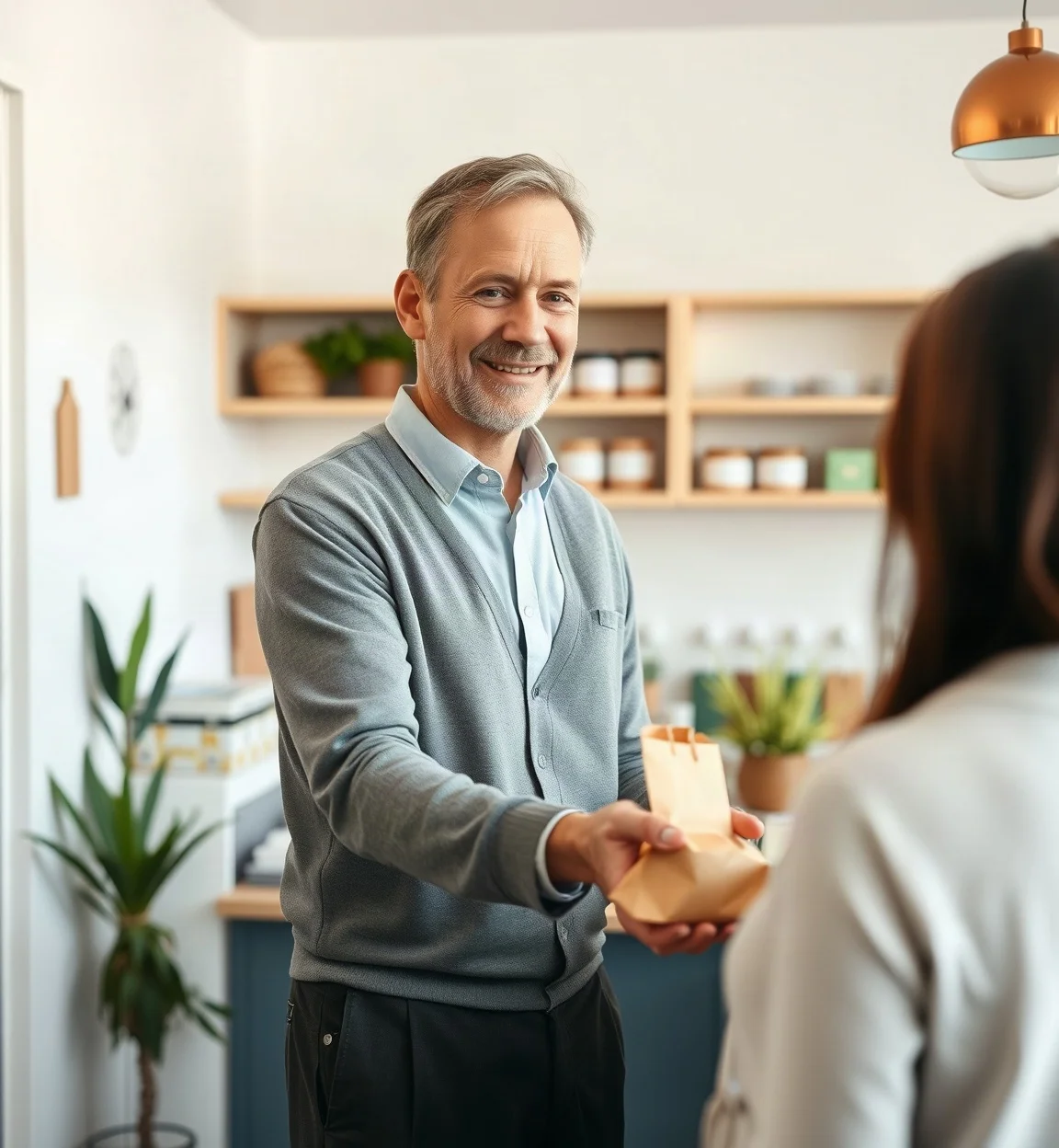 Owner of a small shop handing a bag to a customer at the counter